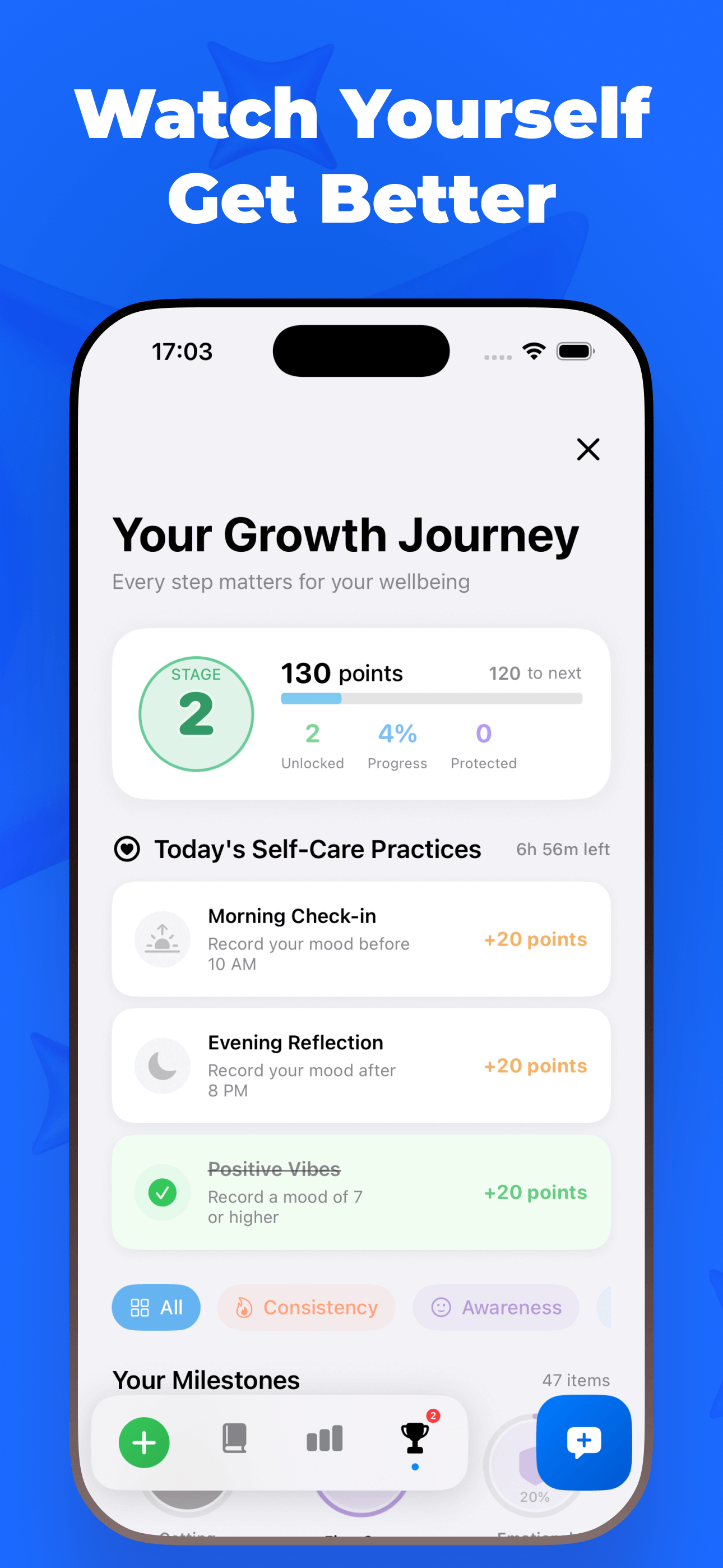 Growth Journey dashboard with points, self-care practices, and milestone achievements