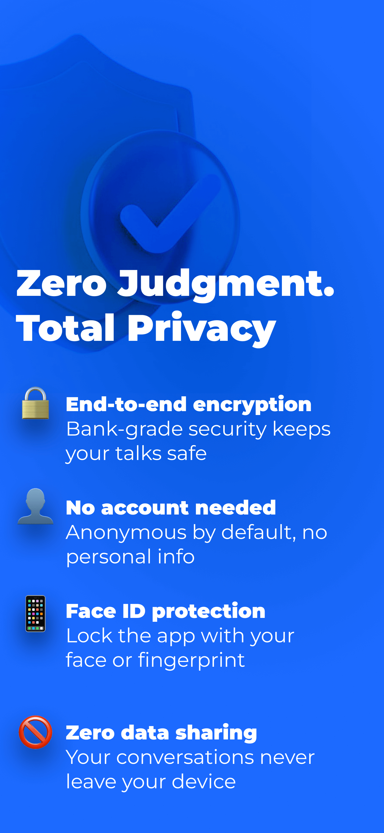 Privacy features - end-to-end encryption, no account needed, Face ID, zero data sharing