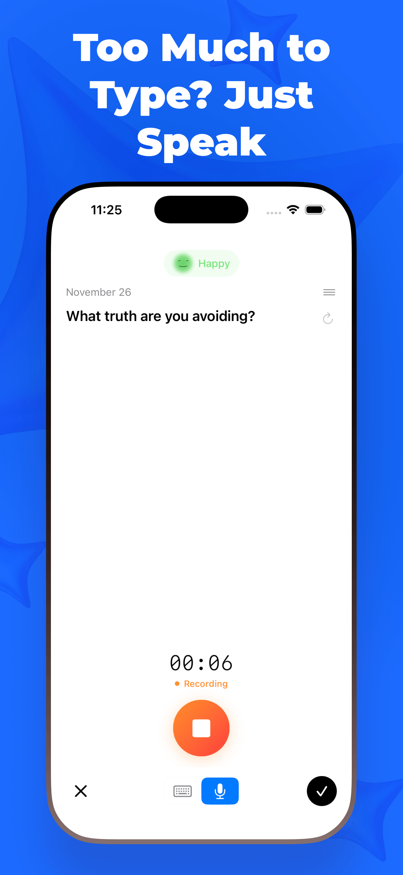 Voice recording feature for hands-free journaling with daily reflection prompts