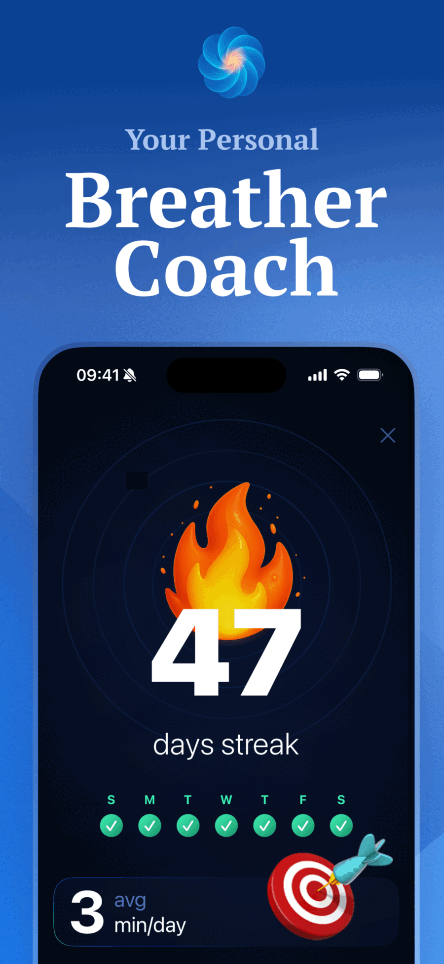 BreathOn 47 days breathing streak with weekly calendar and daily practice stats