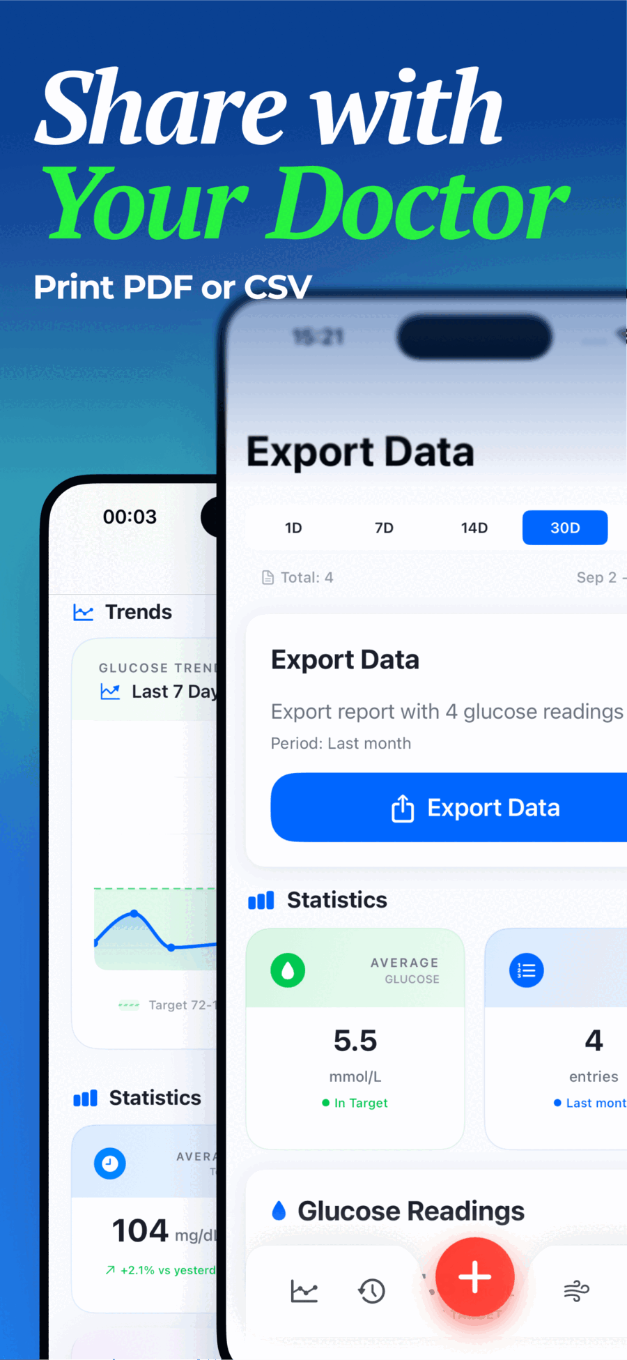 Export Data to PDF or CSV for sharing glucose reports with your doctor
