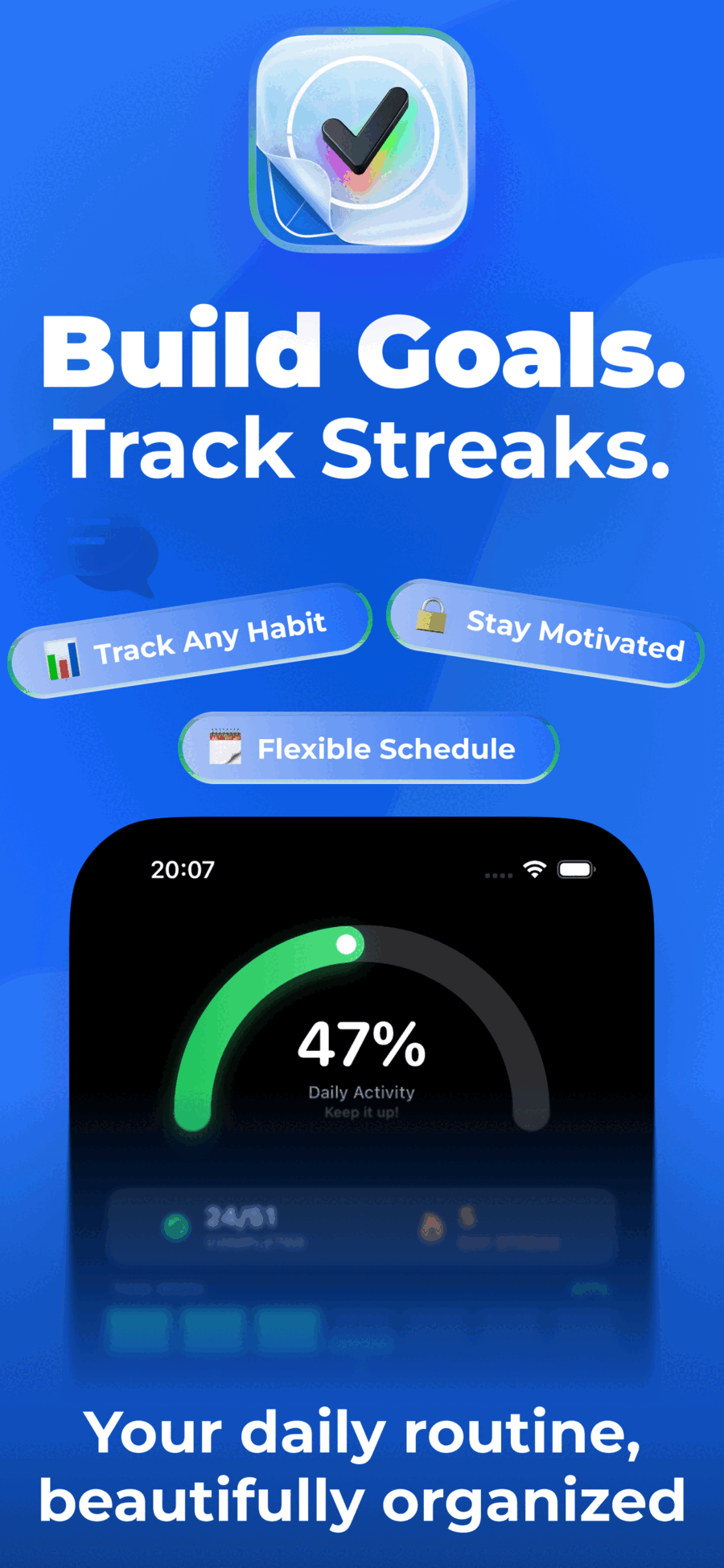 HabitFlow dashboard with 47% Daily Activity ring and flexible habit scheduling