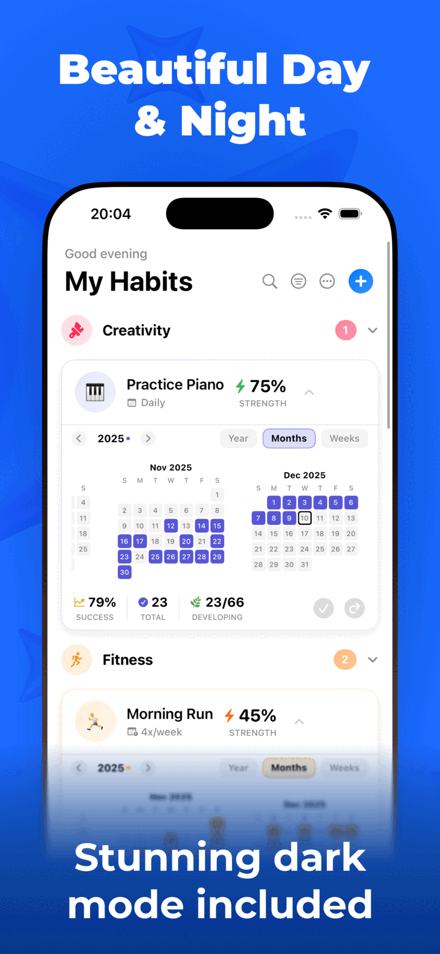 Beautiful light mode My Habits view with categories and monthly calendar