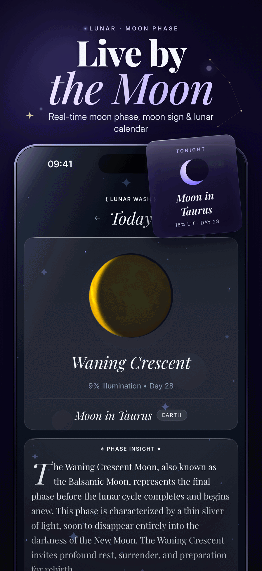 Mystic moon phase screen with real-time moon sign and lunar calendar details