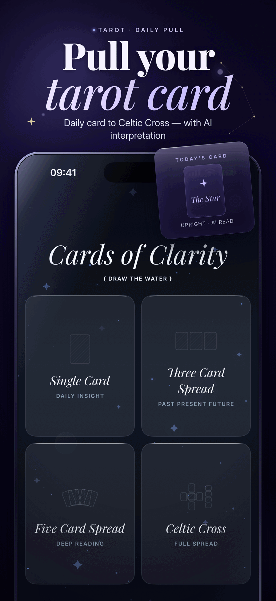 Mystic tarot card reading with daily card and Celtic Cross interpretation options