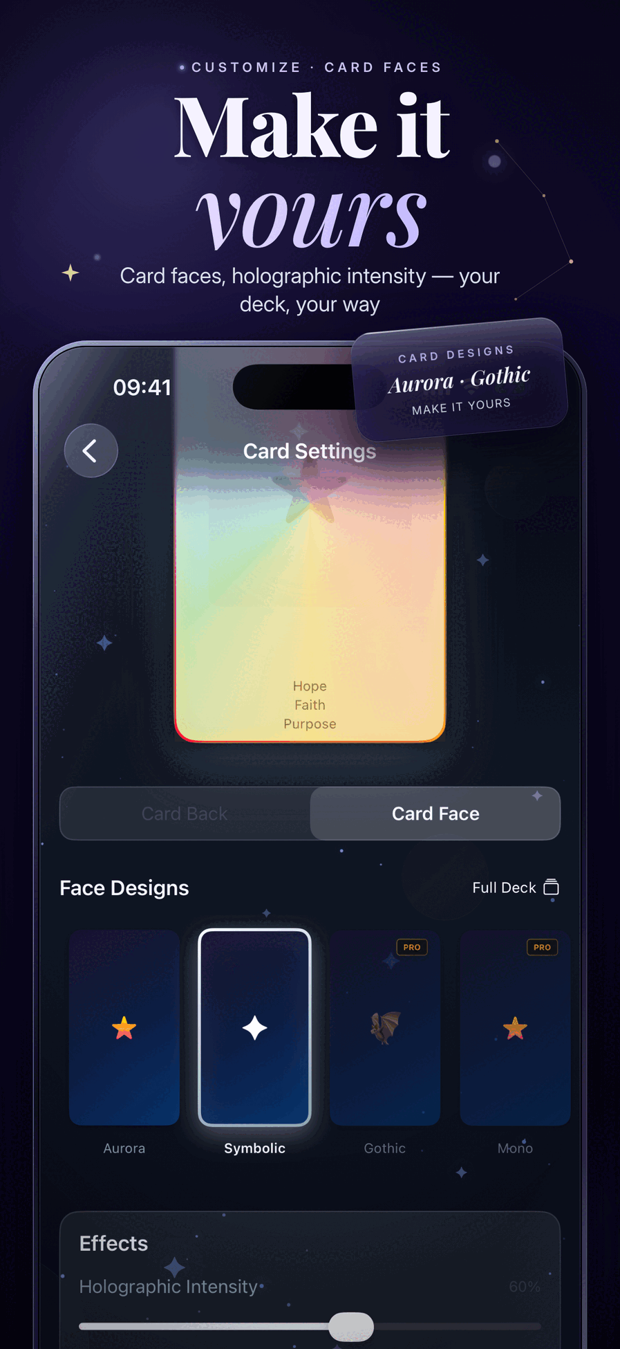 Mystic customization screen to personalize themes and app appearance