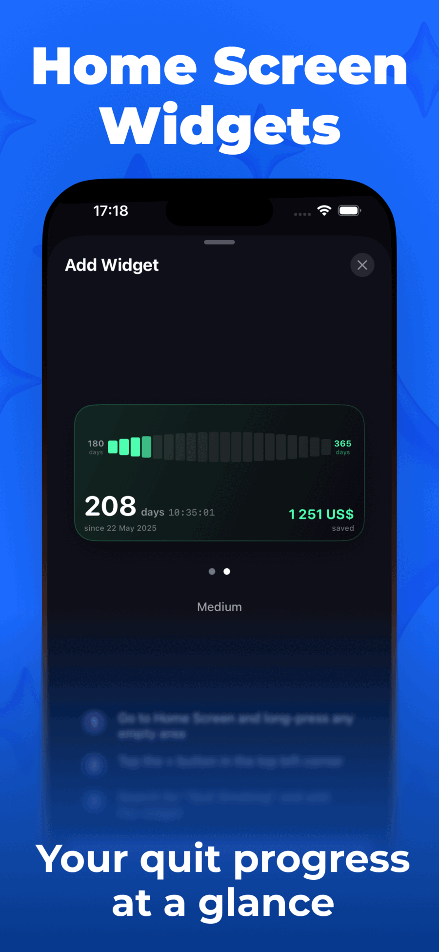 iOS Home Screen Widget displaying quit smoking progress at a glance