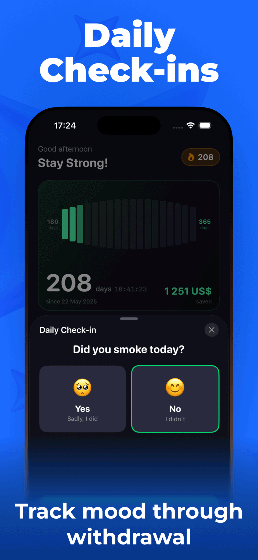 Daily Check-in feature to track smoking status and mood through withdrawal
