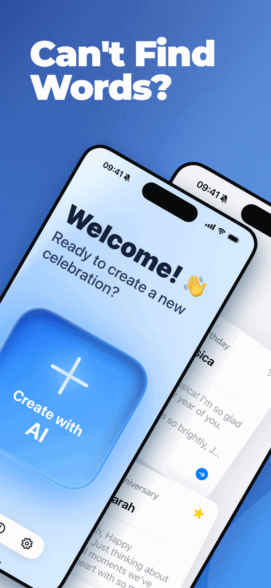 WishesAI welcome screen with Create with AI button for instant greeting card generation