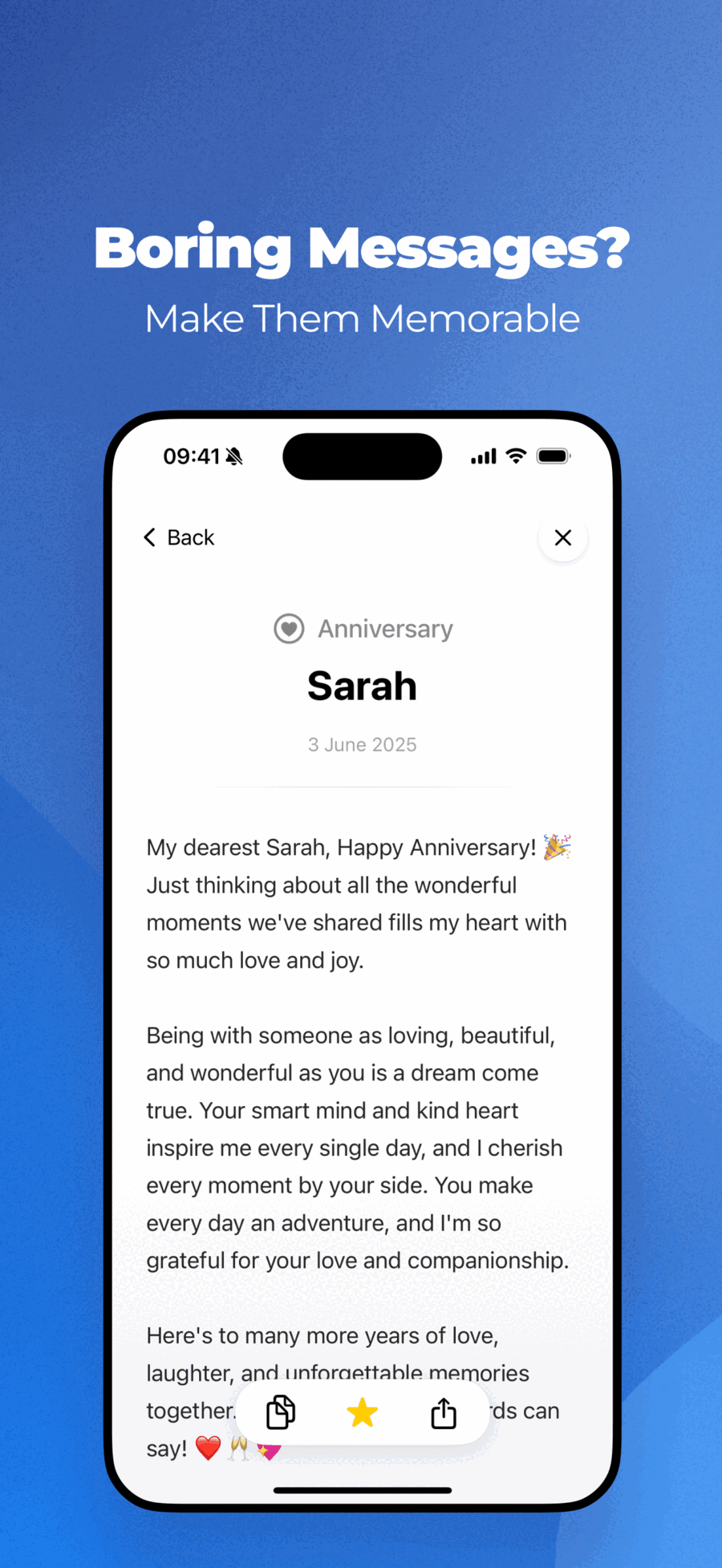 AI-generated anniversary message with heartfelt personalized content